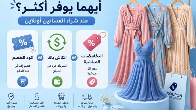 مقارنة بين كود الخصم والكاش باك والتخفيضات المباشرة لمعرفة أفضل طريقة لتوفير المال عند شراء الفساتين أونلاين